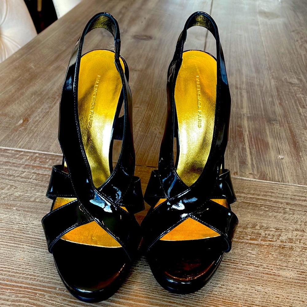Balenciaga Paris Black platform stiletto sandals w/ teal & gold heel.Authentic